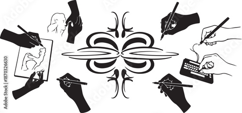 Creative Hands Holding Artistic Tools in Black and White