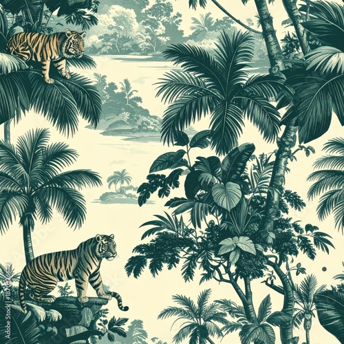 Vintage Jungle Pattern with Tigers and Palm Trees, Seamless Tropical Forest Design