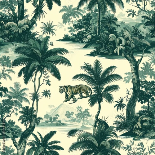 Vintage Jungle Pattern with Tigers and Palm Trees, Seamless Tropical Forest Design