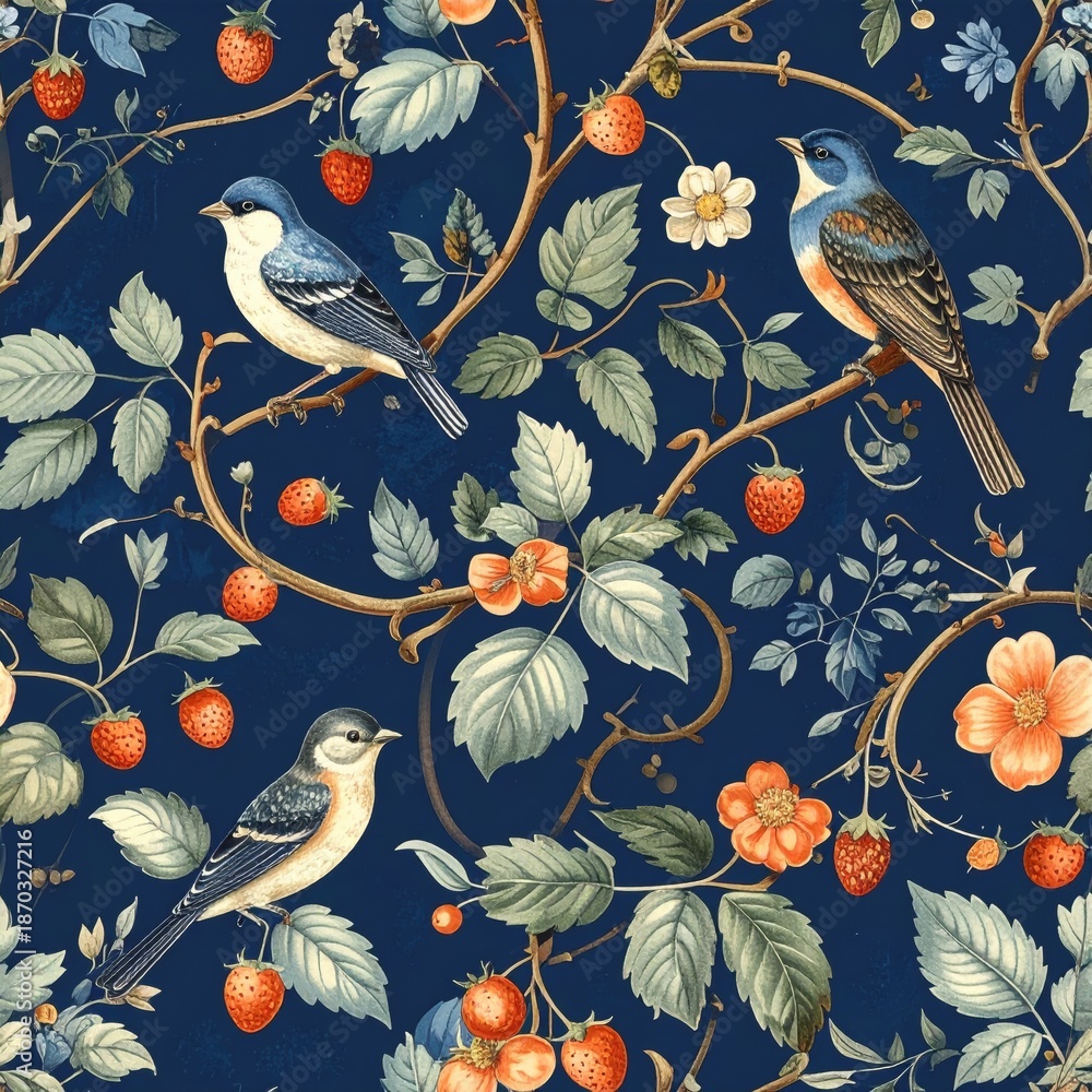 Obraz premium Vintage Floral Pattern with Birds, Strawberries and Flowers on Deep Blue Background