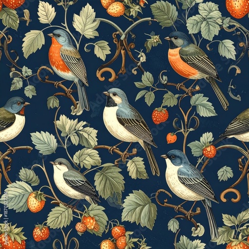 Elegant Vintage Bird and Strawberry Pattern on Dark Blue Background, Seamless Design
