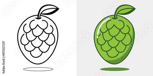 A children's coloring book featuring soursop fruit. A coloring book featuring cute soursop fruit images. Vector illustrations with a colored background.