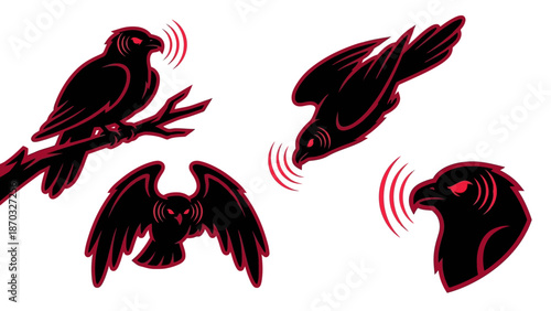 Raptor Mascot Logo Set with Sound Waves: Aggressive Hawk and Falcon Silhouettes in Black and Red Sports Graphic Vector Collection