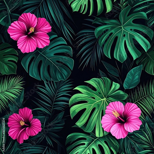 Tropical Hibiscus and Monstera Leaf Pattern on Dark Background, Seamless Design