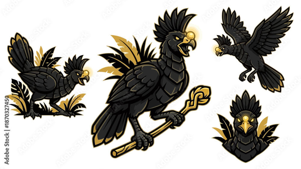 Fototapeta premium Mythical Black Cockatoo or Phoenix Mascot Set with Gold Scepter. Gaming Logo Emblem, Fantasy Bird Vector Illustration.