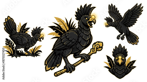 Mythical Black Cockatoo or Phoenix Mascot Set with Gold Scepter. Gaming Logo Emblem, Fantasy Bird Vector Illustration.