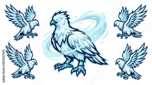 Ice Falcon Mascot Logo Set. Dynamic Frozen Eagle Vector Emblem Collection for Esports, Team Sports, and Gaming Branding.