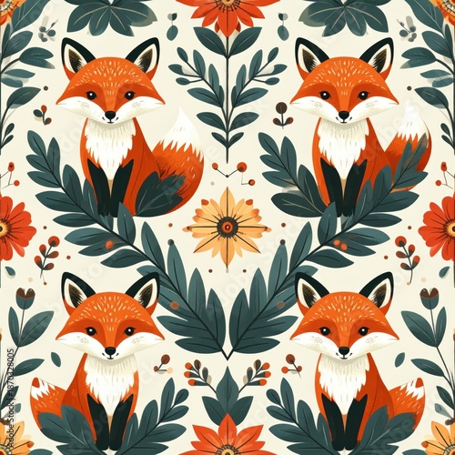 Symmetrical Fox and Floral Pattern in Earthy Tones for Textile and Wallpaper Design