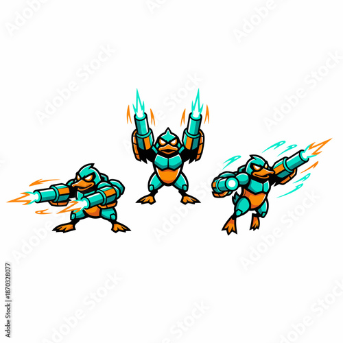 Cybernetic Duck Mascot Character Set with Laser Blasters. Futuristic armored waterfowl avatar for gaming, esports, and action video content.