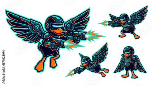 Sci-Fi Duck Mascot Set: Futuristic Cyborg Soldier with Mecha Wings, Helmet, and Laser Blasters. Dynamic E-sport Logo Vector Illustration.