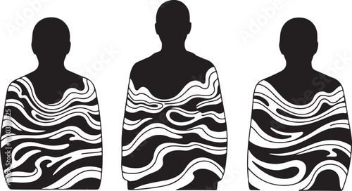 Silhouettes of people with abstract black and white patterns