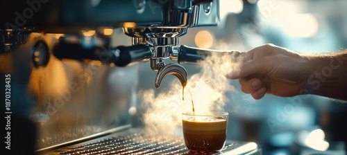 Close-up of a barista making espresso with steam rising from a glass cup under a professional coffee machine in a warm, cozy atmosphere