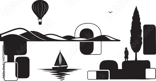 Minimalist landscape with geometric shapes and serene scenery