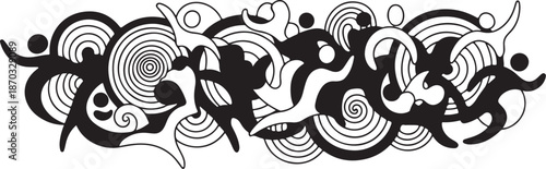 Dynamic illustration of people in motion with swirling patterns