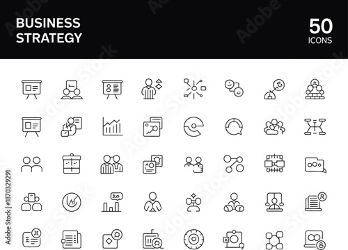 A collection of fifty business strategy icons in a grid layout with black and white design style