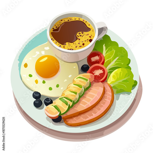 Full breakfast platter with fried eggs crispy bacon fresh salad and a cup of black coffee - Vector Illustration