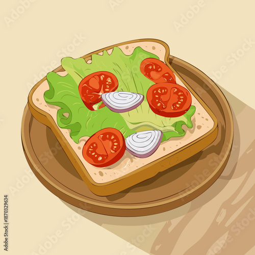 Healthy avocado toast with sliced cherry tomatoes and red onions on whole grain bread for breakfast - Vector Illustration