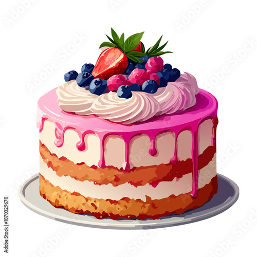 Beautiful Layered Cream Cake Topped with Fresh Blueberries and Strawberries for Birthday Party and Special Celebration - Vector Illustration