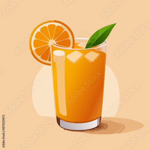 Refreshing Glass of Orange Juice with Ice Cubes and Green Leaf Garnish for Summer Drink Cooling Concept - Vector Illustration