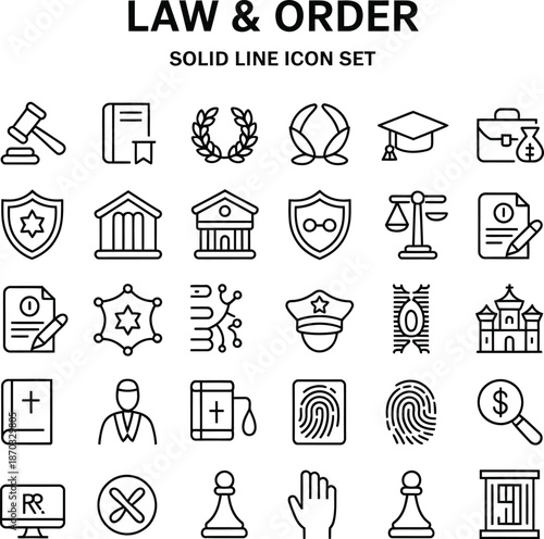 Law and order icon set featuring gavel book laurel wreath graduation cap and shield in black outline