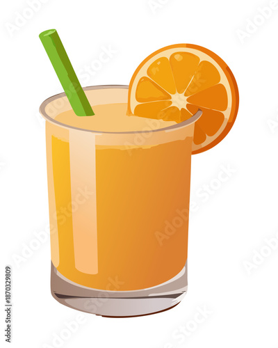 Fresh Orange Juice Glass with Ice and Fruit Slice for Summer Refreshment and Healthy Vitamin C Boost - Vector Illustration