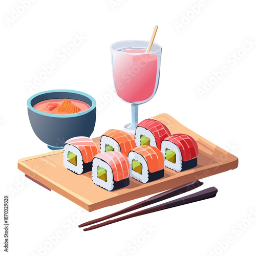 Sushi Set with Salmon Rolls Wasabi and a Refreshing Pink Beverage for Authentic Japanese Restaurant Dining Experience - Vector Illustration