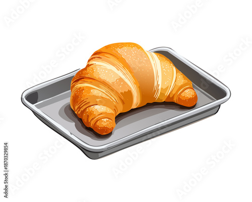 Fresh Golden Brown Croissant Resting on a Metal Baking Sheet for Bakery Shop and Morning Pastry Concept - Vector Illustration