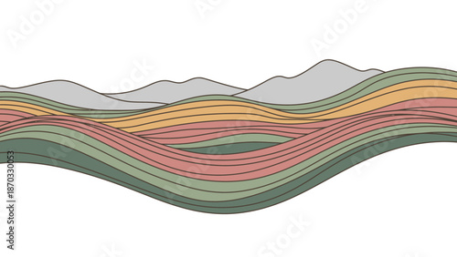 Abstract wavy line landscape in EPS format featuring colorful, layered waves against a mountainous backdrop with a minimalist design style.