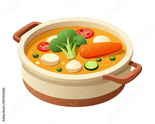 Large Pot of Freshly Cooked Vegetable Soup with Broccoli and Carrots for Healthy Family Dinner Concept - Vector Illustration