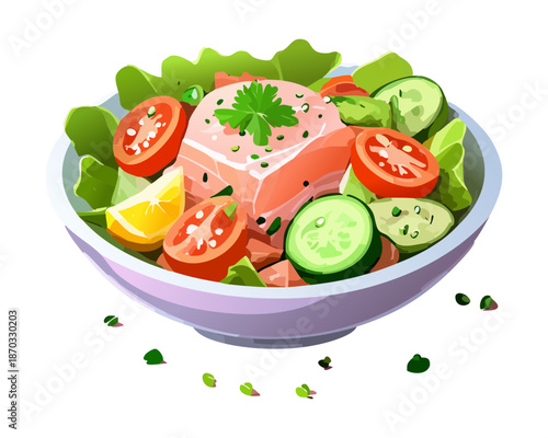 Fresh Garden Salad Bowl with Sliced Tomatoes Cucumbers and Onions for Healthy Vegan Diet and Nutrition - Vector Illustration