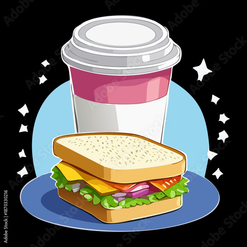Takeaway Coffee Cup and Fresh Vegetable Sandwich for Quick Urban Morning Breakfast and Healthy Snack Combo - Vector Illustration