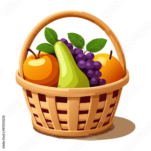 Rustic Basket Overlooking a Variety of Fresh Fruits Including Pears Grapes and Apples for Organic Farm Concept - Vector Illustration