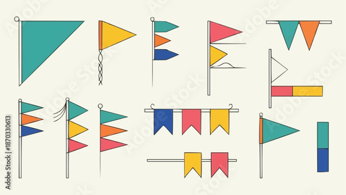 Collection of colorful triangular flags and pennants on poles.