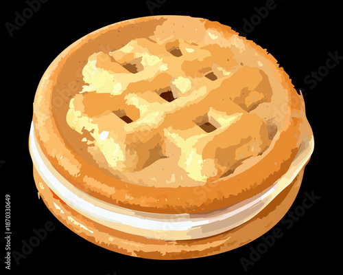 Large sweet belgian waffle with sugar dusting served on a black background plate tray - Vector Illustration