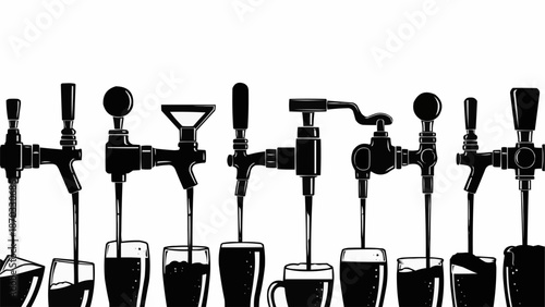 Row of Beer Taps Pouring Drinks into Glasses Silhouette.