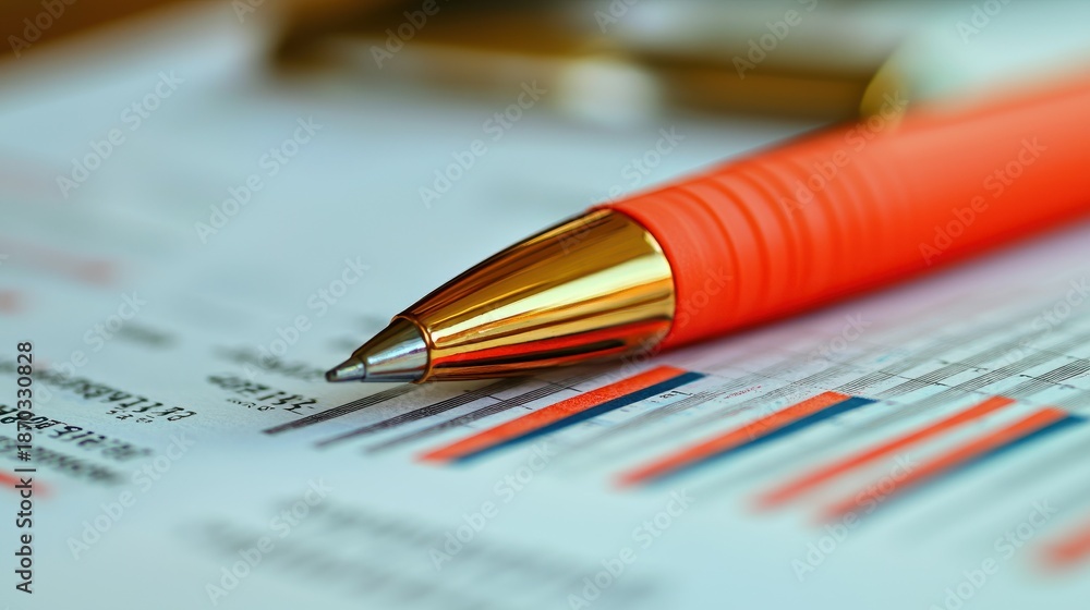 Fototapeta premium Close-up of an Orange Pen Resting on Financial Reports with Charts and Data, Business Concept of Analysis and Strategy Planning