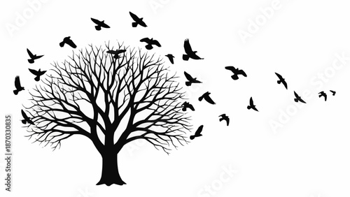 Silhouette of a bare tree with birds flying away.