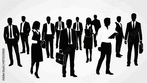 Diverse group of business professionals standing together in silhouette.