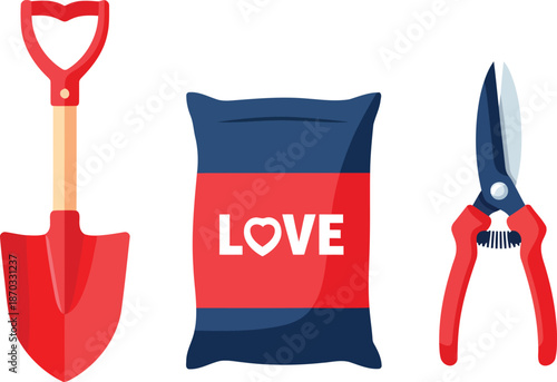 Valentine Gardening Tools Set With Heart Handle Love Theme Flat Vector Art on transparent background