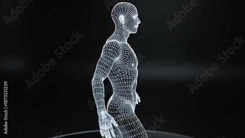 3D wireframe figure of a man in motion against a dark backdrop. The figure is walking