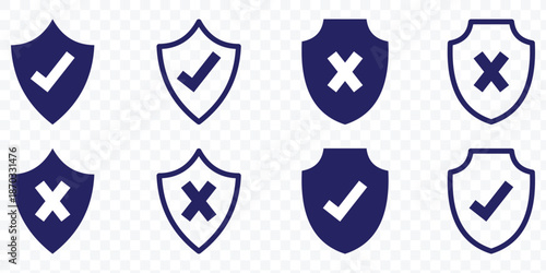 Security shield icons with check mark and cross. Check Mark, Cross, Lock, and Protection Symbols. Shield icons showing approved and rejected status. Two shields. eps 10