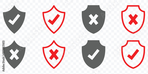 Security shield icons with check mark and cross. Check Mark, Cross, Lock, and Protection Symbols. Shield icons showing approved and rejected status. Two shields. eps 10