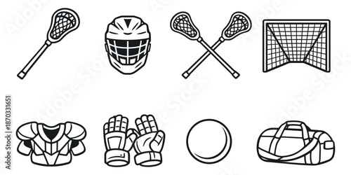 Hand drawn line art lacrosse equipment set featuring sticks, helmet, goal, shoulder pads, gloves, ball, and duffel bag for sports design and branding