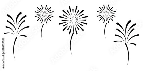 Fireworks explosion icon set, vibrant celebration elements. Set of firework, firecracker, confetti icons. Fireworks, sparkler, salute, petard, firecracker icons. Celebration and holiday icons. eps 10.