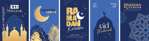 Islamic festival poster background design with mosque, flower, arabic calligraphy, crescent moon and lantern. Suitable for Ramadan Kareem , Hari Raya, Eid Mubarak, Eid al Adha.