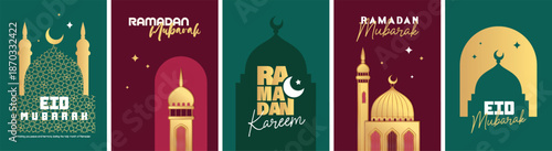 Islamic festival poster background design with mosque, flower, arabic calligraphy, crescent moon and lantern. Suitable for Ramadan Kareem , Hari Raya, Eid Mubarak, Eid al Adha.