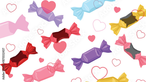 Wrapped Candy And Hearts Pattern Playful Valentine Seamless Flat Vector editable and scalable