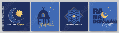 Islamic festival poster background design with mosque, flower, arabic calligraphy, crescent moon and lantern. Suitable for Ramadan Kareem , Hari Raya, Eid Mubarak, Eid al Adha.