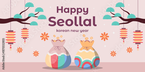 happy seollal horizontal banner illustration in flat design