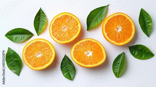 Fresh Oranges Halved with Green Leaves on a White Background for Culinary and Health Themes